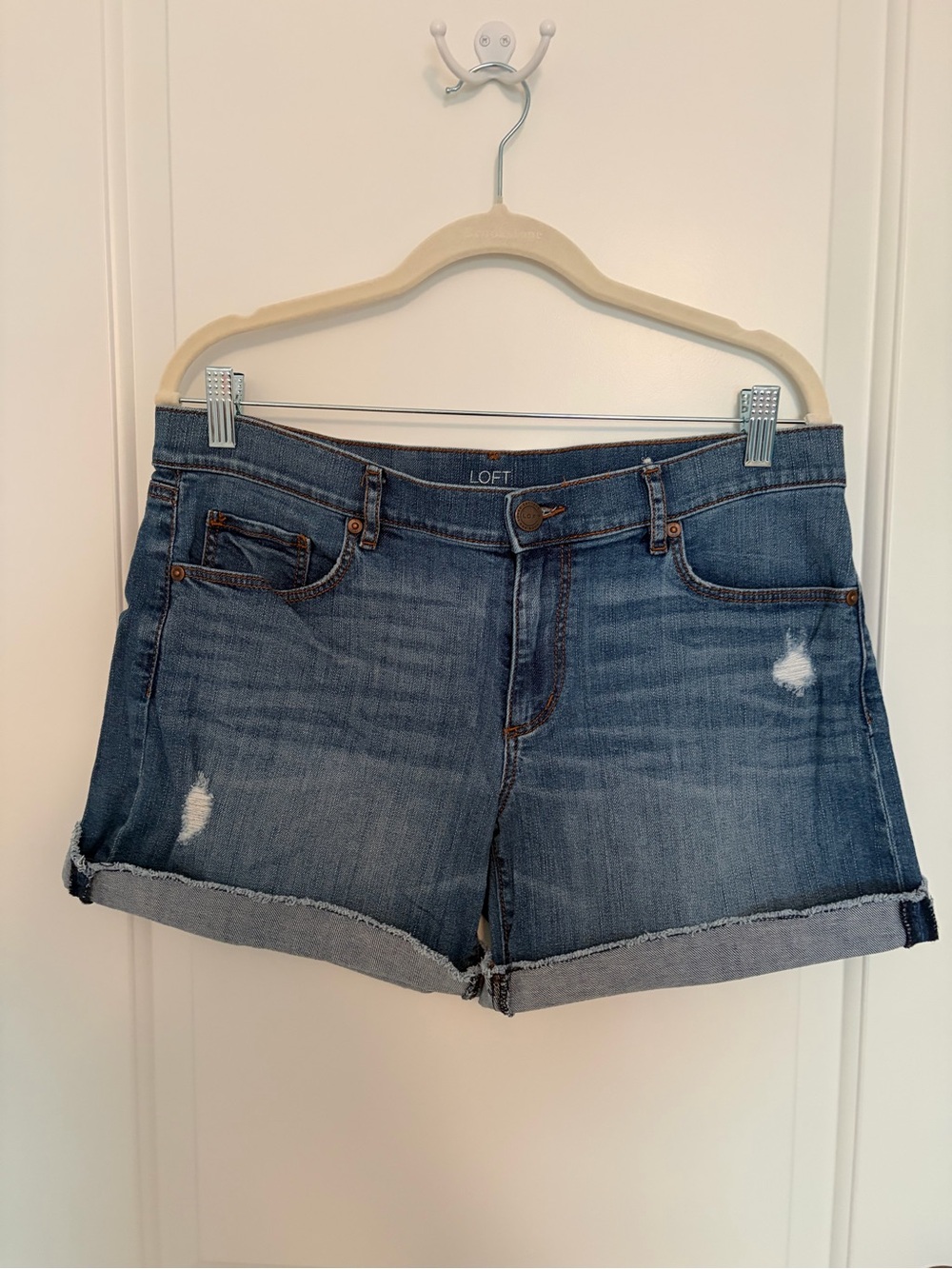 LOFT Distressed Dark Blue Rolled-Hem Jean Shorts
